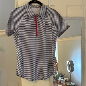Jofit Navy and White Striped Short-Sleeve Polo with Red Zip